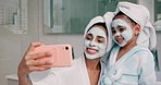 Beauty, skincare and facial with mother and girl and selfie in bathroom for health, spa and wellness. Luxury, product and mask on face with mom and child in family home for happy, peace and relax