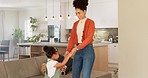 Mother and daughter dancing, celebration and doing fun dance moving to love song in apartment with happy sisters, nanny or home mom. Woman, child care and black family for radio happiness energy time