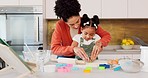 Cookie cutter, mother and daughter in kitchen baking, cooking and bonding for learning, teaching or care. Black woman, child education at home for black family time, help press shape in dough or food