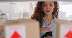 Inventory, stock and woman with a tablet for delivery, shipping and ecommerce at a small business. Creative designer, worker and business owner doing check for retail box with technology at a shop