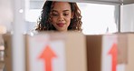 Woman, logistics and shipping boxes on storage shelves in post office, retail store and supply chain company. Smile, happy and small business owner in product delivery management of cargo gift stock