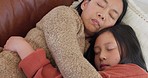 Sleeping, relax and mother and child on the living room sofa with hug, love and comfort. Face of a peace, calm and Asian mom and girl kid content with sleep on the couch in the lounge together