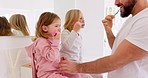 Father, kids and brushing teeth dental healthcare, cleaning and bathroom hygiene in family home. Happy dad teaching young girl children oral wellness with toothpaste, toothbrush and healthy lifestyle