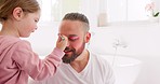 Man, kids and makeup with fun, happy and play together in bathroom in home. Girl, children and father smile for makeup, brush and cosmetics while bonding in house with love, family life and funny