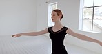 Ballet dancer, training and in studio for performance, doing workout and spinning. Young female, artist and performer doing practice, creative and choreographer doing dance routine for entertainment.