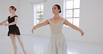 Ballet, dancing and women together for art performance in studio dance for learning, fitness training and doing workout in class. Female ballerina dancer or students ready for theatre or concert 