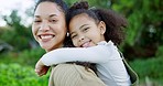 Piggy back, mother and girl being happy, outdoor and bonding, embrace and smile together for quality time.  Portrait, love and black mama with child hug, happiness or fun on adventure, playing or joy