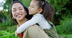 Family, kiss and piggyback with a girl and mother outdoor together in a nature park during summer for bonding. Mothers day, kids and love with a happy young woman and child spending time outside