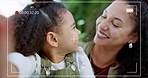 Happy, mother and kid live recording relationship together with smile for love, care and bonding in nature. Portrait of mama and child smiling in video face time capture for childhood family moments