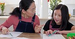 Learning, mother and child education of a family from China doing homework and development. Working, talking and teaching mama and girl together for school, test and exam study practice at a house