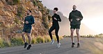 High knee exercise, sports group and outdoor fitness, marathon training or accountability team workout on mountain road. Healthy, strong or diversity runner friends cardio stretching to start running