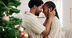 Happy couple face, christmas holiday and smile hug and spend time together in living room at home. Holiday celebration, smiling black man and woman love romance bond hugging by festive tree in house