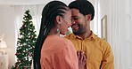 Love, Christmas and couple pointing out window, people watching and enjoy romantic quality time together. Happy family marriage, partnership trust and black woman and man bond during festive holiday