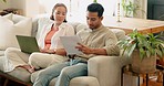 Happy couple with paper or planning on laptop for insurance, investment or payment for house loan mortgage. Documents, bill or senior man and woman with finance review or writing financial strategy