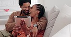 Couple, happy or tablet for communication, networking or social media app at home. Movie, video or love man and woman relax in living room streaming online, internet or website with smile in house