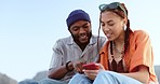 Couple, diversity love and phone in nature, outdoors or outside on holiday, vacation or trip. Happy, smile and man, woman and 5g mobile app, social media or web surfing online on tech while talking.