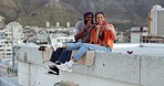 Selfie, rooftop and couple with skateboard and smartphone for social media post, social network update or gen z lifestyle blog with urban cityscape. Influencer black people friends in phone portrait