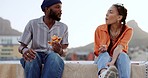 Couple, pizza and talking outdoor on city building rooftop eating fast food and having a happy conversation. Tourist man and woman and man on urban date together for fun and food in South Africa