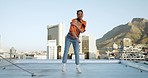 Woman, city dance and hip hop artist performance in energy, freedom and outdoor urban talent in South Africa rooftop. Young gen z girl dancer portrait, street artist and creative fun dancing movement