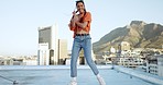 Woman, dancer and rooftop for hip hop, smile and happy in sunshine, summer and laughing outdoor. Girl, dancing and buildings in city, town or metro with happiness, dance and happy in Cape Town