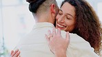 Couple, love and hug happy together bonding or spend quality time with smile. Married man affection, woman smile and happiness greeting friends, welcome hug or enjoy affectionate support care 
