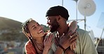 Interracial couple, hug and bonding on city building rooftop for summer holiday, travel vacation date and location break in Boston. Smile, happy black man and talking woman or student fashion friends
