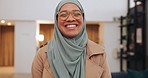 Happy, muslim woman and portrait smile in success for business, vision or mindset at the workplace. Islamic female with hijab smiling in happiness for successful company in decor or interior design