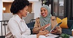 Black woman, muslim employee and tablet with communication, teamwork and diversity in marketing and advertising office. Islamic and african business women support, collaboration and working together