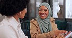 Teamwork, diversity and meeting with a muslim business woman and african colleague working together in an office. Collaboration, smile and strategy with an islamic employee and coworker at work