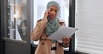 Muslim business woman, phone call and paper documents, planning and smartphone communication in startup office. Islamic hijab employee, mobile talking and reading paperwork report strategy in company