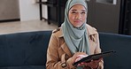 Islamic woman, tablet and with smile being happy, online browse and social media on couch. Portrait, female with hijab and digital device being content, communicate and talking to connect and chat.