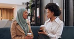 Coffee break, muslim and black woman in office lobby for project discussion, client b2b collaboration or women diversity planning. Corporate manager, hijab employee and workplace marketing strategy