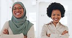 Business people, diversity and corporate women with arms crossed in confident smile for success at the office. Portrait of woman in multicultural leadership for company, management and empowerment