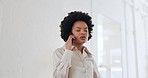 Black woman, stress and phone call for business networking with customer, company finance debt or anxiety over schedule. Frustrated, problem or annoyed consultant worker with communication technology