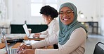 Islamic woman, business and laptop doing typing, strategy and workplace online browse with hot beverage. Portrait, female entrepreneur and working with digital device for startup company and planning