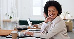 Happy black woman, global business and office portrait, laptop working and online planning in startup company. Smile, motivation and vision of professional female african worker, computer and desk 