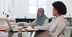 Laptop, planning and meeting muslim and black woman in business collaboration project, marketing strategy and teamwork in office. Inclusion, diversity hijab and african employee online productivity