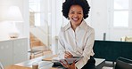 Manager, boss and black woman in office portrait for human resources management, administration or marketing agency career with portfolio kpi review. Happy woman in corporate workplace with document