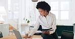 Black woman, laptop and documents in planning, schedule or tasks for business management at the office. African American female corporate manager in marketing research for project plan or strategy