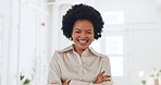 Office, smile and black woman happy with startup success, career progress or corporate development. Young African entrepreneur, worker or small business owner with crossed arms, pride or satisfaction