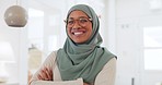 Muslim, proud and business woman in portrait with career motivation, vision for success and international company goal with marketing mock up. Hijab, Arabic or islam employee face in career happiness