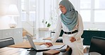 Islamic woman, business and laptop doing typing, planning and workplace or office with coffee. Female entrepreneur, lady and working with digital device for startup company, strategy or online browse