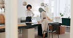 Startup business hijab and black woman in office on laptop, phone call communication and collaboration planning. Document, productivity and teamwork of manager and administration muslim tech employee