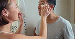 Couple, eye patches and skincare for wellness, bonding and being happy in bathroom at home. Cosmetics, man and woman with natural beauty, body care and being together for relationship and loving.