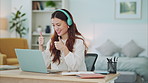 Headphones, video call and business woman thumbs up for thank you in home office for b2b marketing, global communication and kpi update. Work from home manager with audio sound for zoom call webinar
