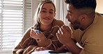 Surprise, couple and pregnancy test announcement with excited boyfriend hugging girlfriend. Husband browsing on phone being shocked by wife pregnancy results in bedroom. Young people expecting a baby