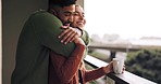 Love, diversity and surprise hug from couple relax on London apartment balcony for peace, bonding and quality time. Happiness, smile and happy romantic man and woman enjoy outdoor view together