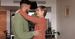 Couple, happy and dance with a smile, romance and love together in a home living room. Young man and woman in Brazil dancing in a living room with happiness, fun and enjoy their marriage relationship