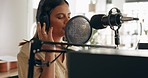 Brazil, singer or woman with microphone in studio for music, jazz or audio production for concert, event or radio. Podcast, influencer or creative musician girl live streaming singing on social media