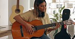 Guitar, musician and woman artist recording jazz song in creative studio, audio production or talent performance. Young girl, influencer and singer playing instrument, entertainment and band producer